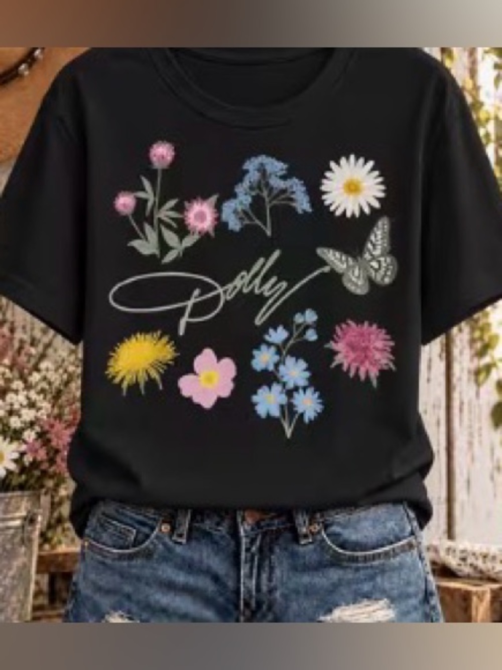 Western Tee Dolly Black Floral Graphic Tee with flowers
